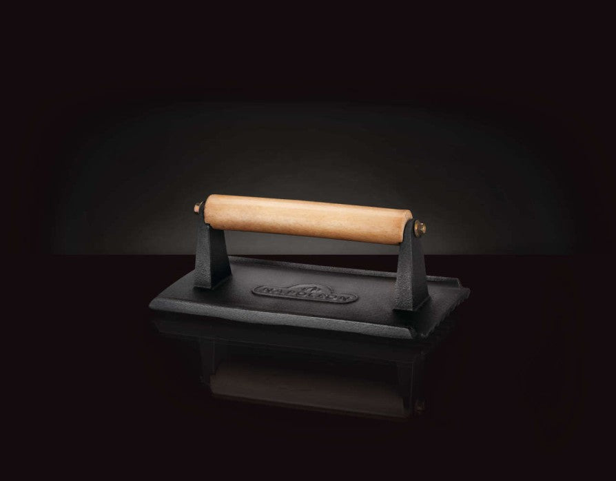 Cast Iron Chef's Press | Heavy-Duty | Wood-Wrapped Handle | Grill & Sear | Crispy Bacon & Burgers