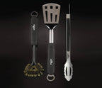 3 Piece Stainless Steel BBQ Toolset | Spatula | Tongs | Brass Grill Brush | Napoleon BBQ Tools | Caterbitz UK
